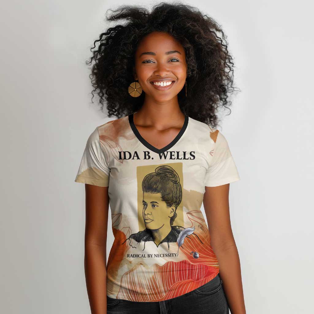 Ida B. Wells Women V-Neck T-Shirt with Floral Pen Design Illustrated Portrait Civil Rights and Journalism Tribute - African Pride
