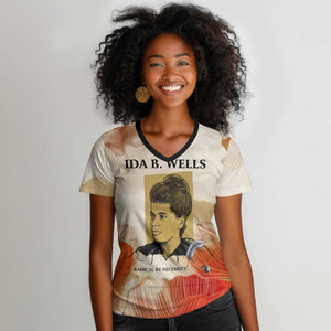 Ida B. Wells Women V-Neck T-Shirt with Floral Pen Design Illustrated Portrait Civil Rights and Journalism Tribute - African Pride