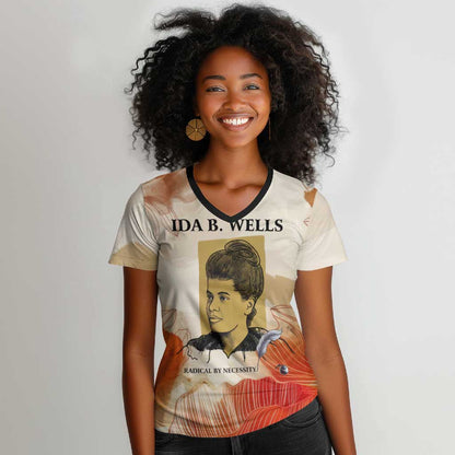 Ida B. Wells Women V-Neck T-Shirt with Floral Pen Design Illustrated Portrait Civil Rights and Journalism Tribute - African Pride