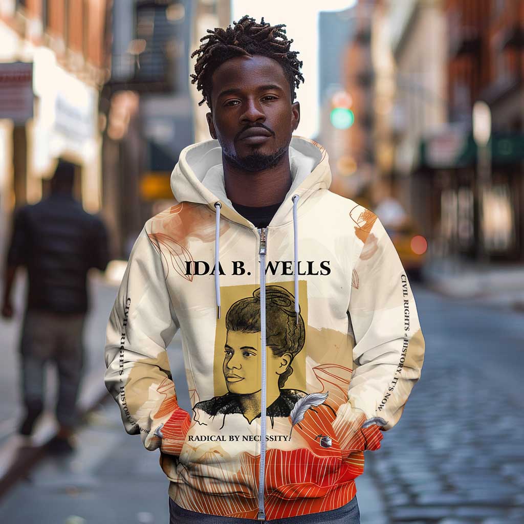 Ida B. Wells Zip Hoodie with Floral Pen Design Illustrated Portrait Civil Rights and Journalism Tribute - African Pride