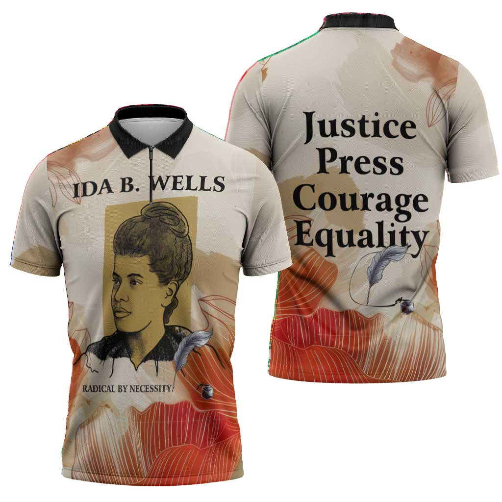 Ida B. Wells Zipper Polo Shirt with Floral Pen Design Illustrated Portrait Civil Rights and Journalism Tribute - African Pride