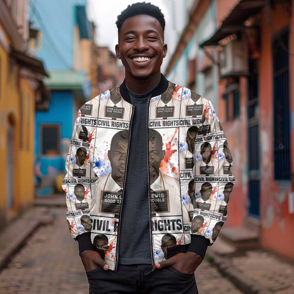 John Lewis Bomber Jacket with Mugshot Collage Design Civil Rights Portrait Good Trouble Tribute - African Pride