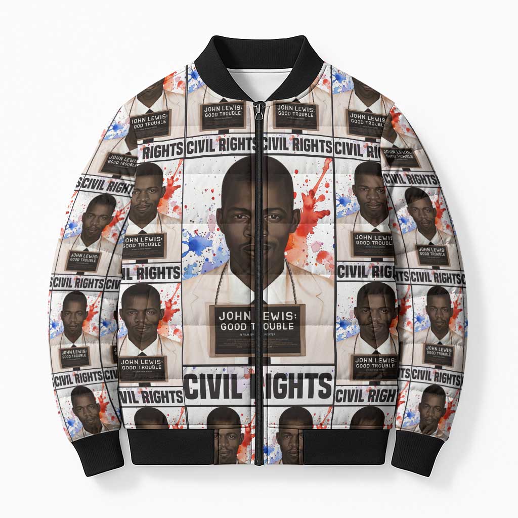 John Lewis Bomber Puffer Jacket with Mugshot Collage Design Civil Rights Portrait Good Trouble Tribute - African Pride