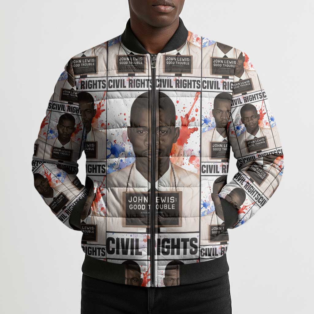 John Lewis Bomber Puffer Jacket with Mugshot Collage Design Civil Rights Portrait Good Trouble Tribute - African Pride