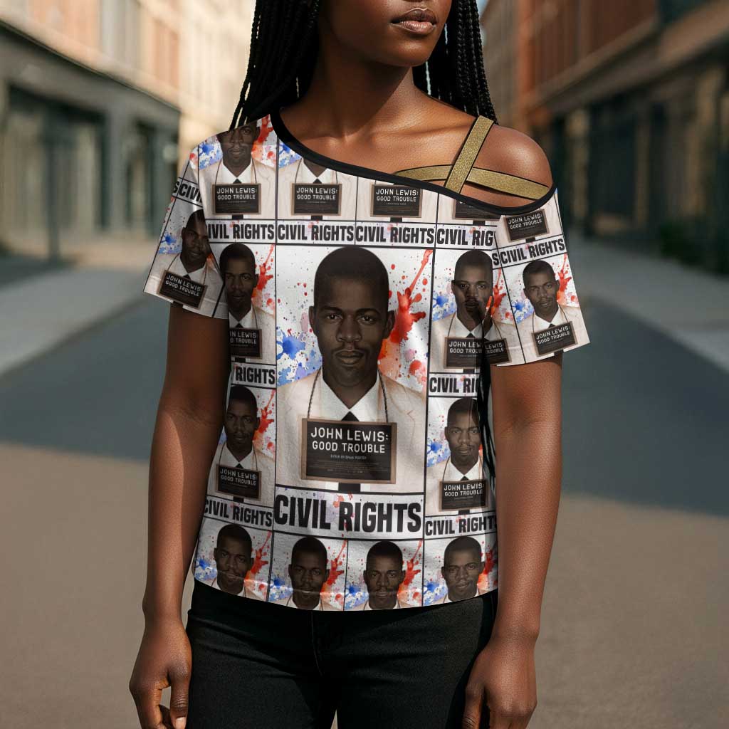 John Lewis Cross Shoulder Shirt with Mugshot Collage Design Civil Rights Portrait Good Trouble Tribute - African Pride