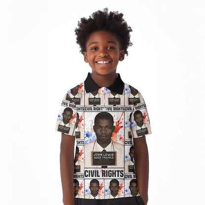 John Lewis Kid Polo Shirt with Mugshot Collage Design Civil Rights Portrait Good Trouble Tribute - African Pride