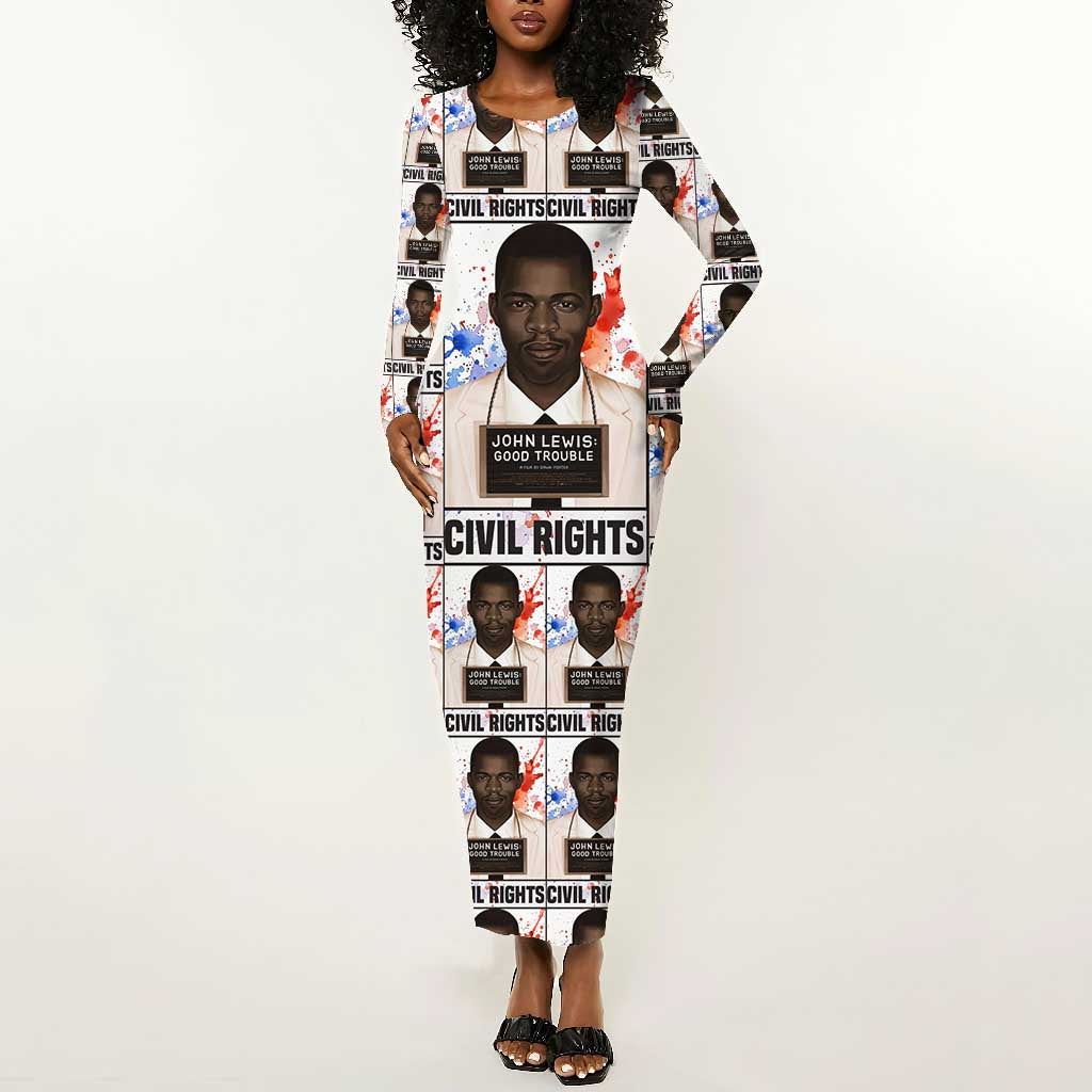 John Lewis Long Sleeve Bodycon Dress with Mugshot Collage Design Civil Rights Portrait Good Trouble Tribute - African Pride