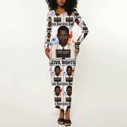 John Lewis Long Sleeve Bodycon Dress with Mugshot Collage Design Civil Rights Portrait Good Trouble Tribute - African Pride