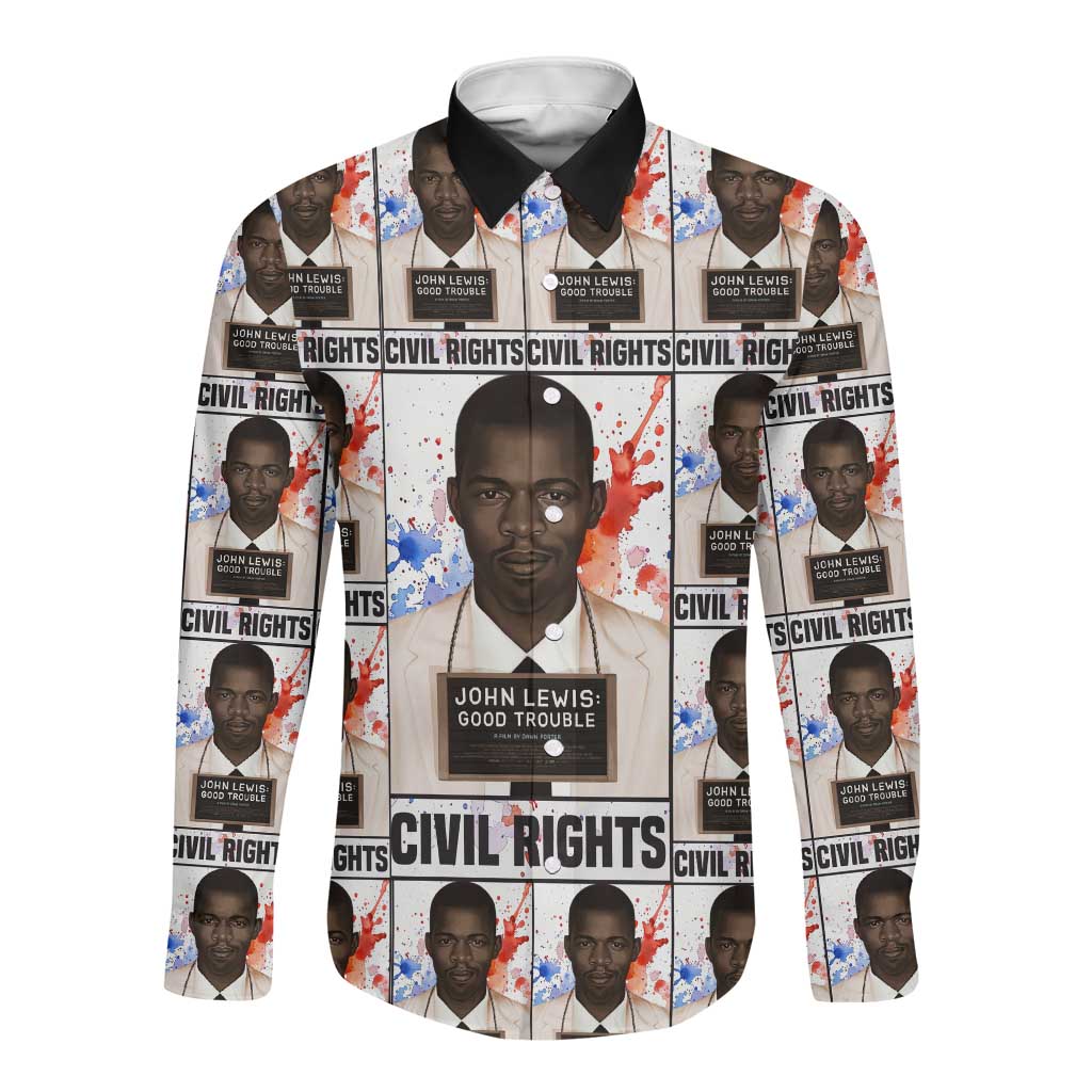 John Lewis Long Sleeve Button Shirt with Mugshot Collage Design Civil Rights Portrait Good Trouble Tribute - African Pride