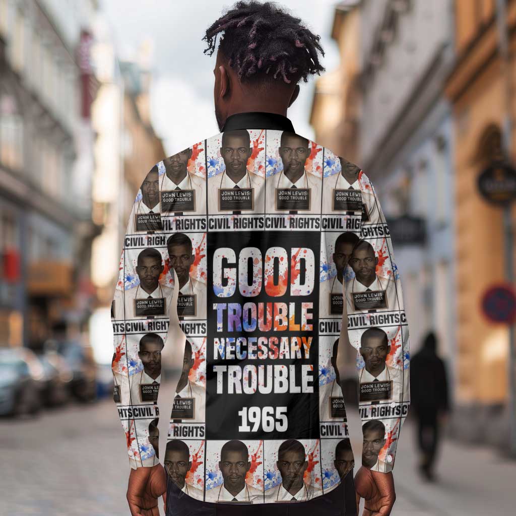 John Lewis Long Sleeve Button Shirt with Mugshot Collage Design Civil Rights Portrait Good Trouble Tribute - African Pride