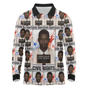 John Lewis Long Sleeve Polo Shirt with Mugshot Collage Design Civil Rights Portrait Good Trouble Tribute - African Pride