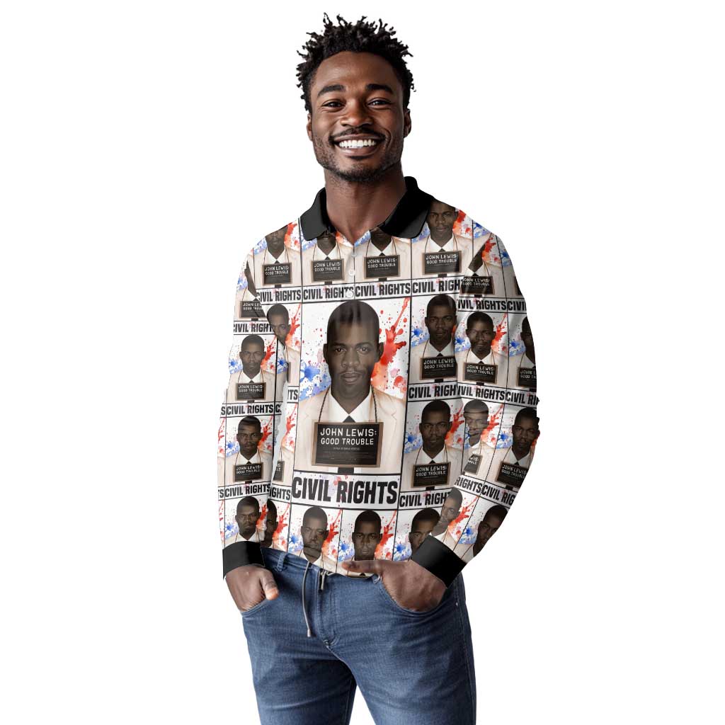 John Lewis Long Sleeve Polo Shirt with Mugshot Collage Design Civil Rights Portrait Good Trouble Tribute - African Pride