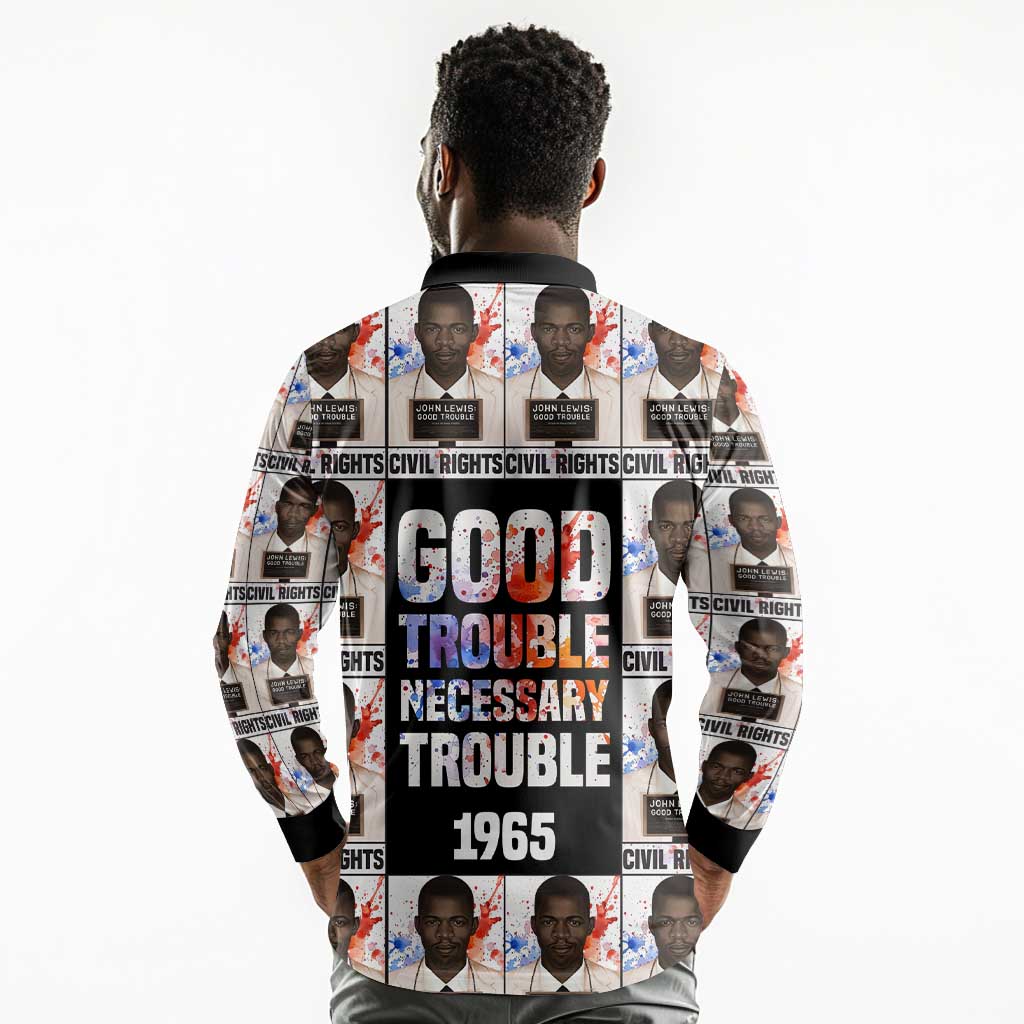 John Lewis Long Sleeve Polo Shirt with Mugshot Collage Design Civil Rights Portrait Good Trouble Tribute - African Pride