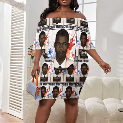 John Lewis Off Shoulder Short Dress with Mugshot Collage Design Civil Rights Portrait Good Trouble Tribute - African Pride