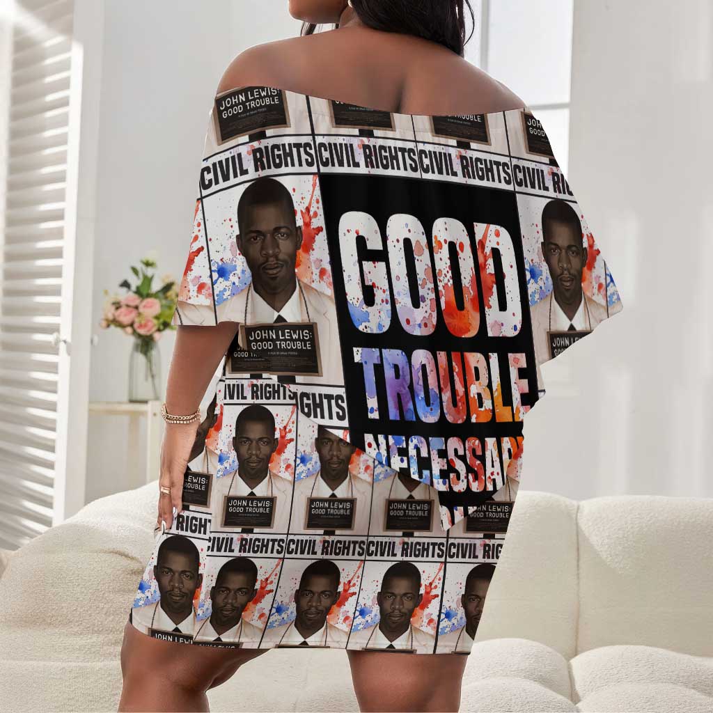 John Lewis Off Shoulder Short Dress with Mugshot Collage Design Civil Rights Portrait Good Trouble Tribute - African Pride