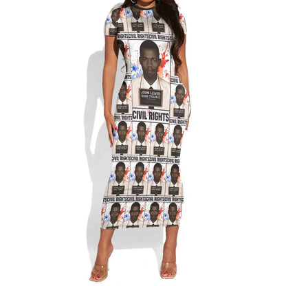 John Lewis Short Sleeve Bodycon Dress with Mugshot Collage Design Civil Rights Portrait Good Trouble Tribute - African Pride