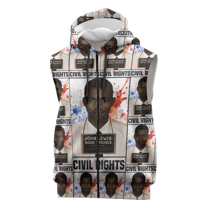 John Lewis Sleeveless Zip Hoodie with Mugshot Collage Design Civil Rights Portrait Good Trouble Tribute - African Pride