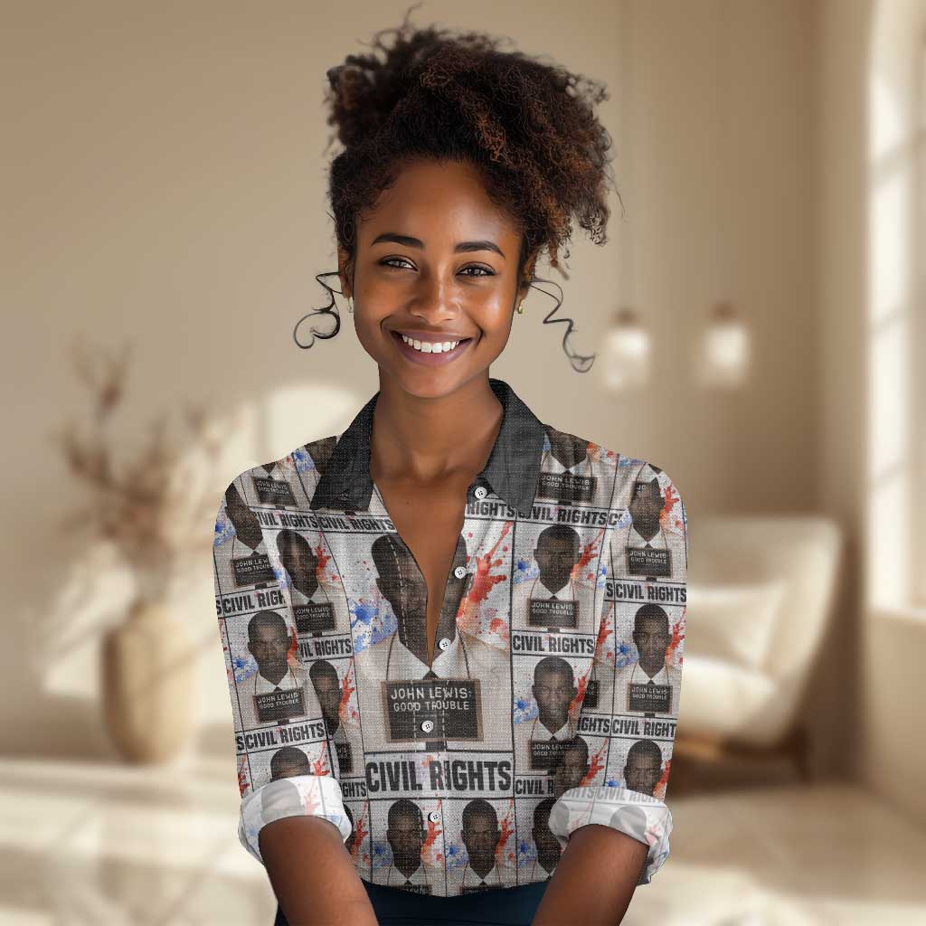 John Lewis Women Casual Shirt with Mugshot Collage Design Civil Rights Portrait Good Trouble Tribute - African Pride