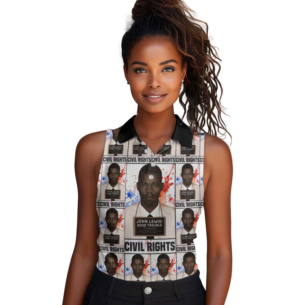 John Lewis Women Sleeveless Polo Shirt with Mugshot Collage Design Civil Rights Portrait Good Trouble Tribute - African Pride