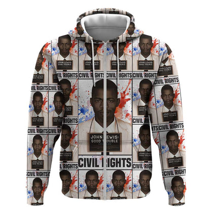John Lewis Zip Hoodie with Mugshot Collage Design Civil Rights Portrait Good Trouble Tribute - African Pride