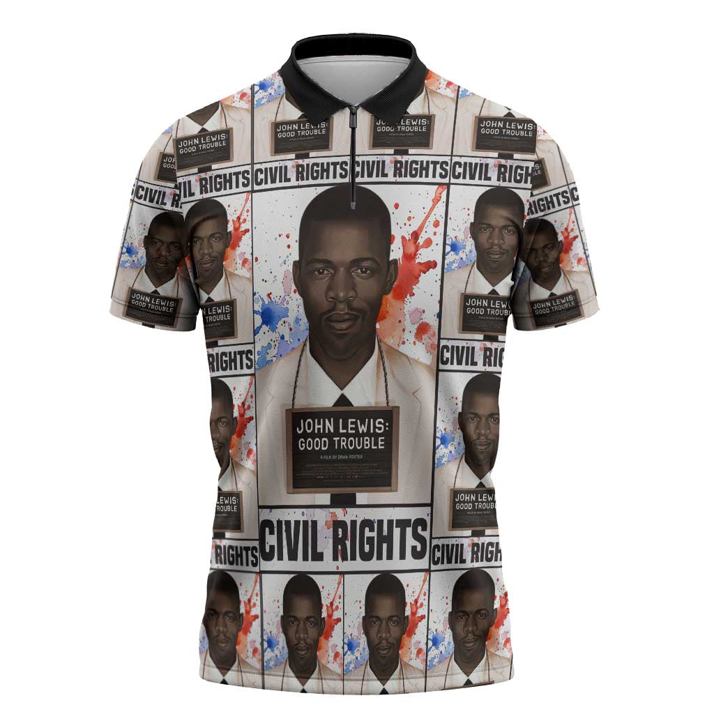 John Lewis Zipper Polo Shirt with Mugshot Collage Design Civil Rights Portrait Good Trouble Tribute - African Pride