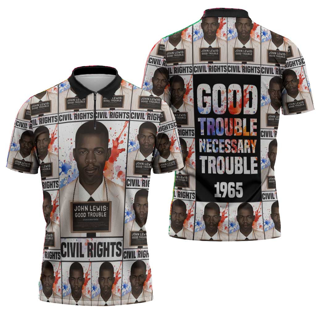 John Lewis Zipper Polo Shirt with Mugshot Collage Design Civil Rights Portrait Good Trouble Tribute - African Pride