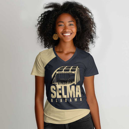 John Lewis Women V-Neck T-Shirt with Selma Bridge Graphic Civil Rights and Voting Rights Tribute - African Pride