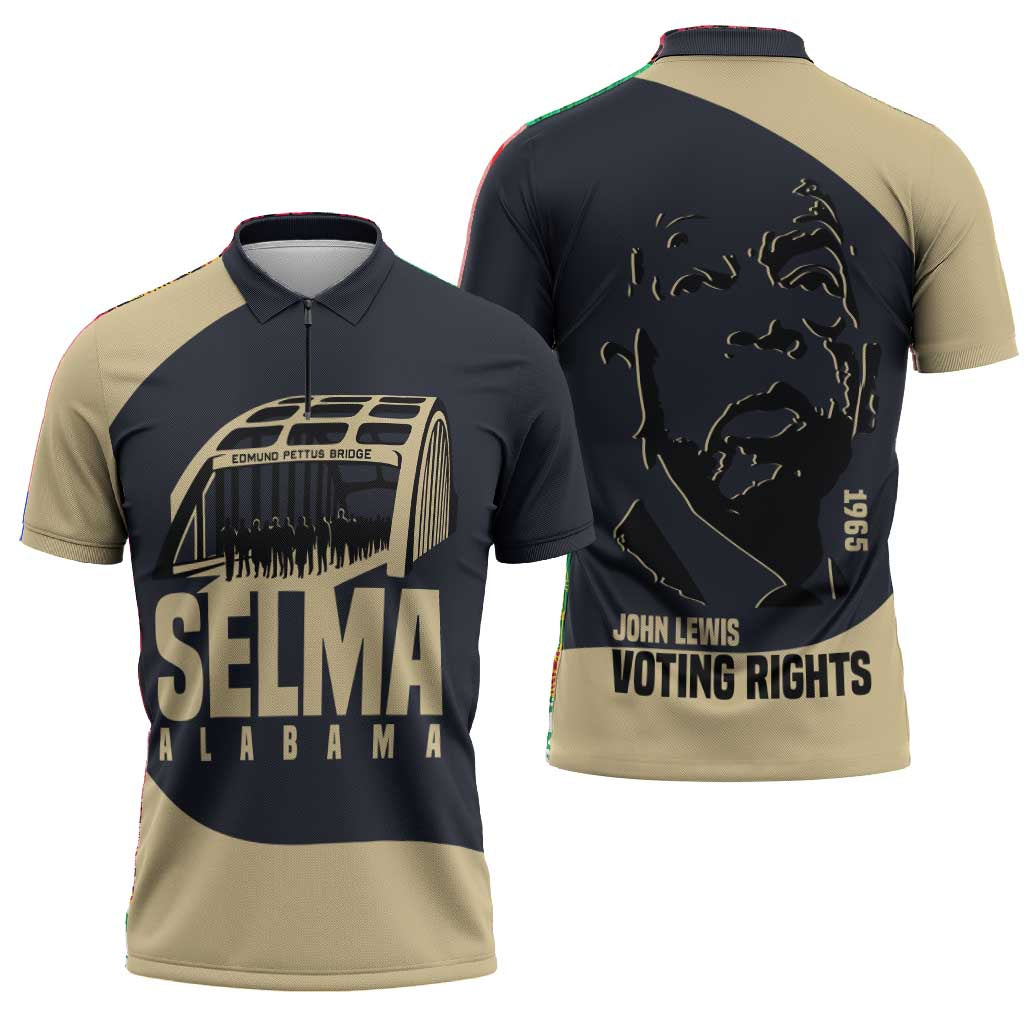 John Lewis Zipper Polo Shirt with Selma Bridge Graphic Civil Rights and Voting Rights Tribute - African Pride