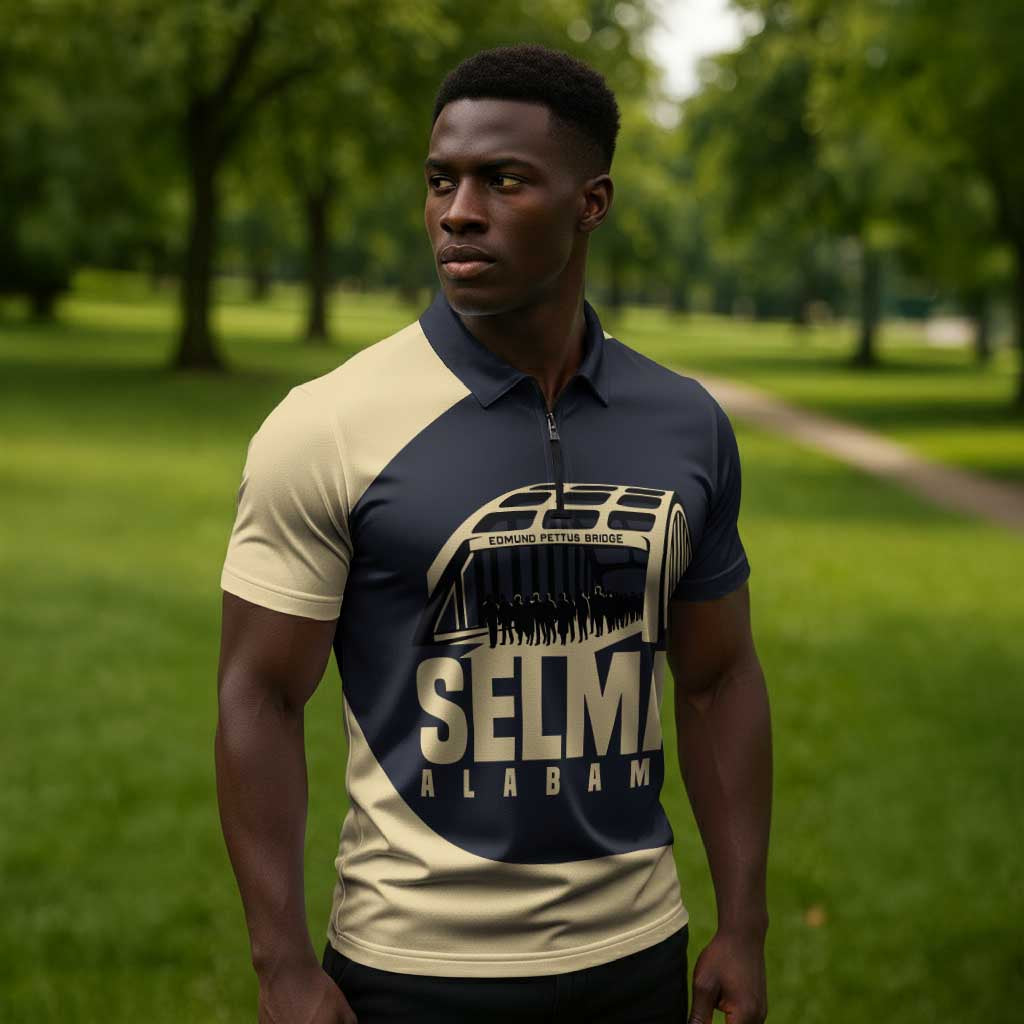John Lewis Zipper Polo Shirt with Selma Bridge Graphic Civil Rights and Voting Rights Tribute - African Pride