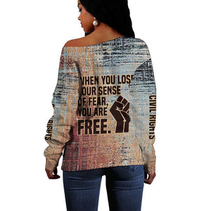 John Lewis Off Shoulder Sweater with Freedom Quote Graphic Civil Rights and Legacy Tribute - African Pride