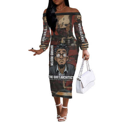 Bayard Rustin Off The Shoulder Long Sleeve Dress with Quiet Architect Design Strategy and Courage Civil Rights Tribute - African Pride
