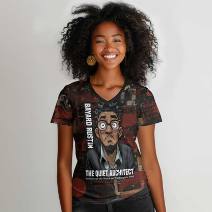 Bayard Rustin Women V-Neck T-Shirt with Quiet Architect Design Strategy and Courage Civil Rights Tribute - African Pride