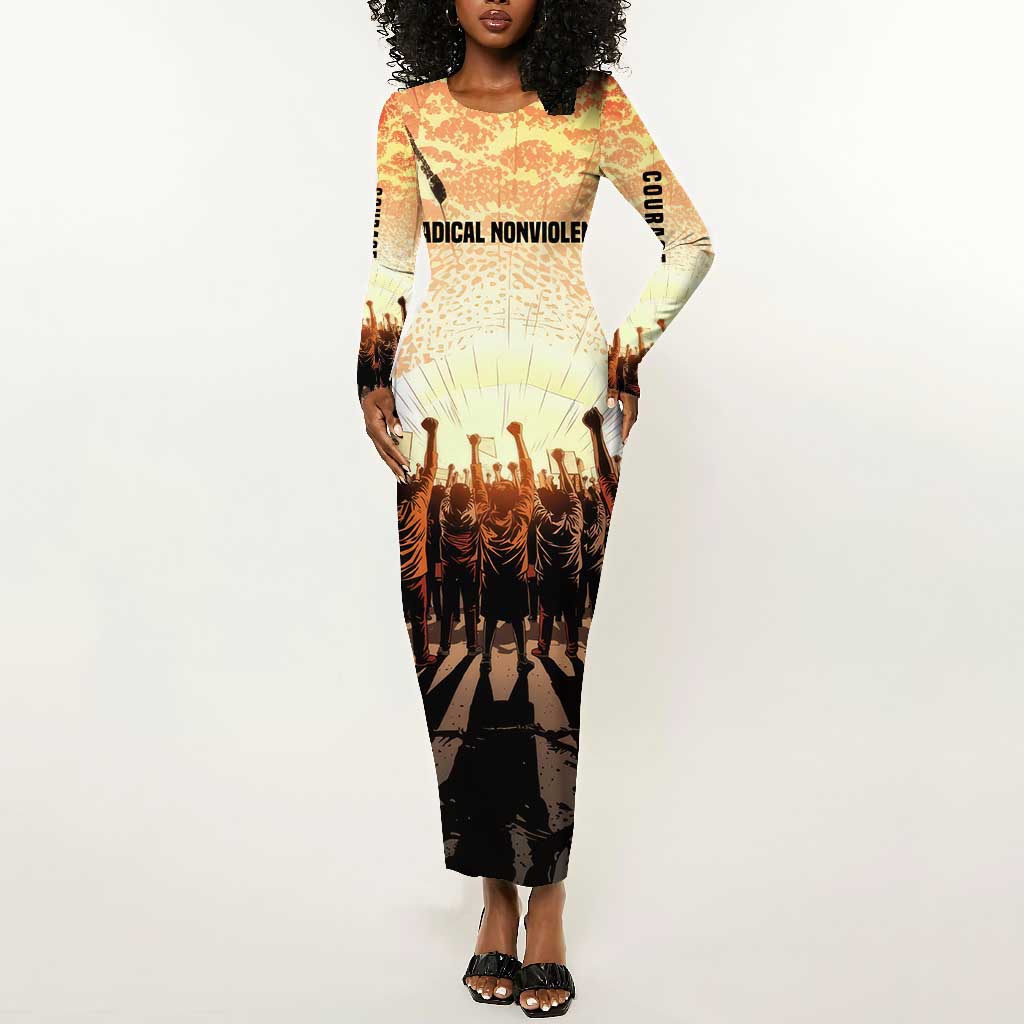 Bayard Rustin Long Sleeve Bodycon Dress with Radical Nonviolence Design Protest Crowd and Courage Civil Rights Tribute - African Pride