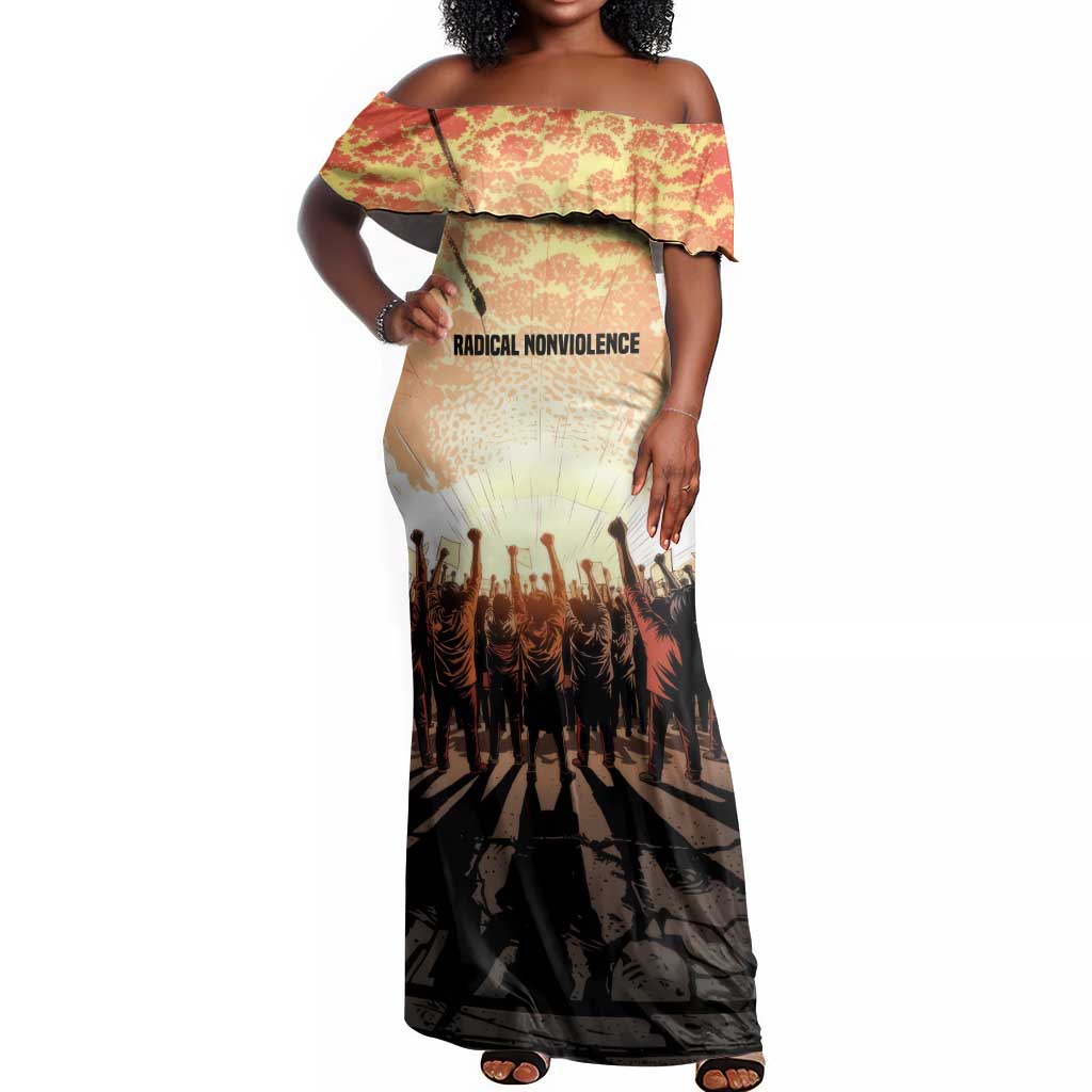 Bayard Rustin Off Shoulder Maxi Dress with Radical Nonviolence Design Protest Crowd and Courage Civil Rights Tribute - African Pride