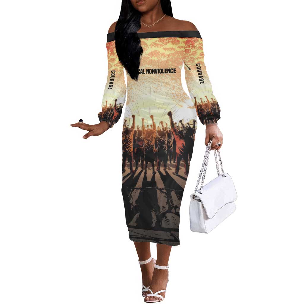 Bayard Rustin Off The Shoulder Long Sleeve Dress with Radical Nonviolence Design Protest Crowd and Courage Civil Rights Tribute - African Pride