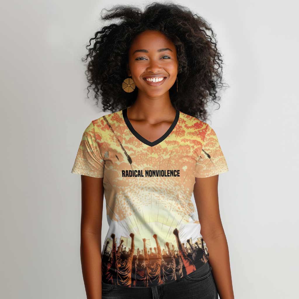 Bayard Rustin Women V-Neck T-Shirt with Radical Nonviolence Design Protest Crowd and Courage Civil Rights Tribute - African Pride