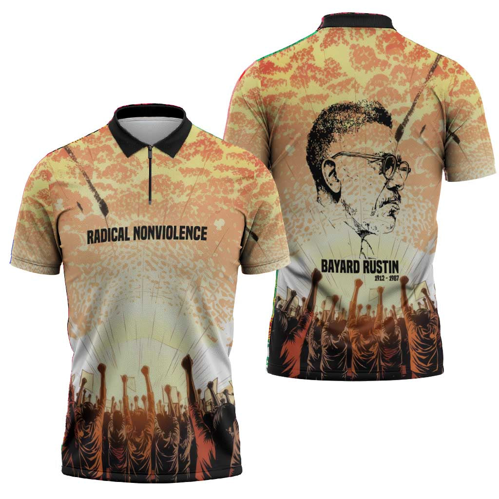 Bayard Rustin Zipper Polo Shirt with Radical Nonviolence Design Protest Crowd and Courage Civil Rights Tribute - African Pride