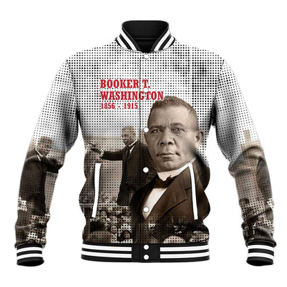 Booker T. Washington Baseball Jacket Halftone Portrait Design Tilling a Field Quote Historical Civil Rights Tribute - African Pride
