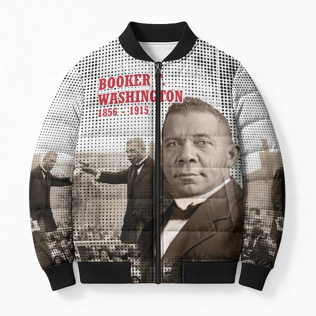 Booker T. Washington Bomber Puffer Jacket Halftone Portrait Design Tilling a Field Quote Historical Civil Rights Tribute - African Pride