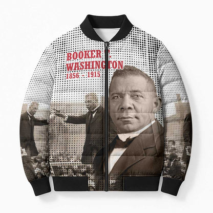 Booker T. Washington Bomber Puffer Jacket Halftone Portrait Design Tilling a Field Quote Historical Civil Rights Tribute - African Pride