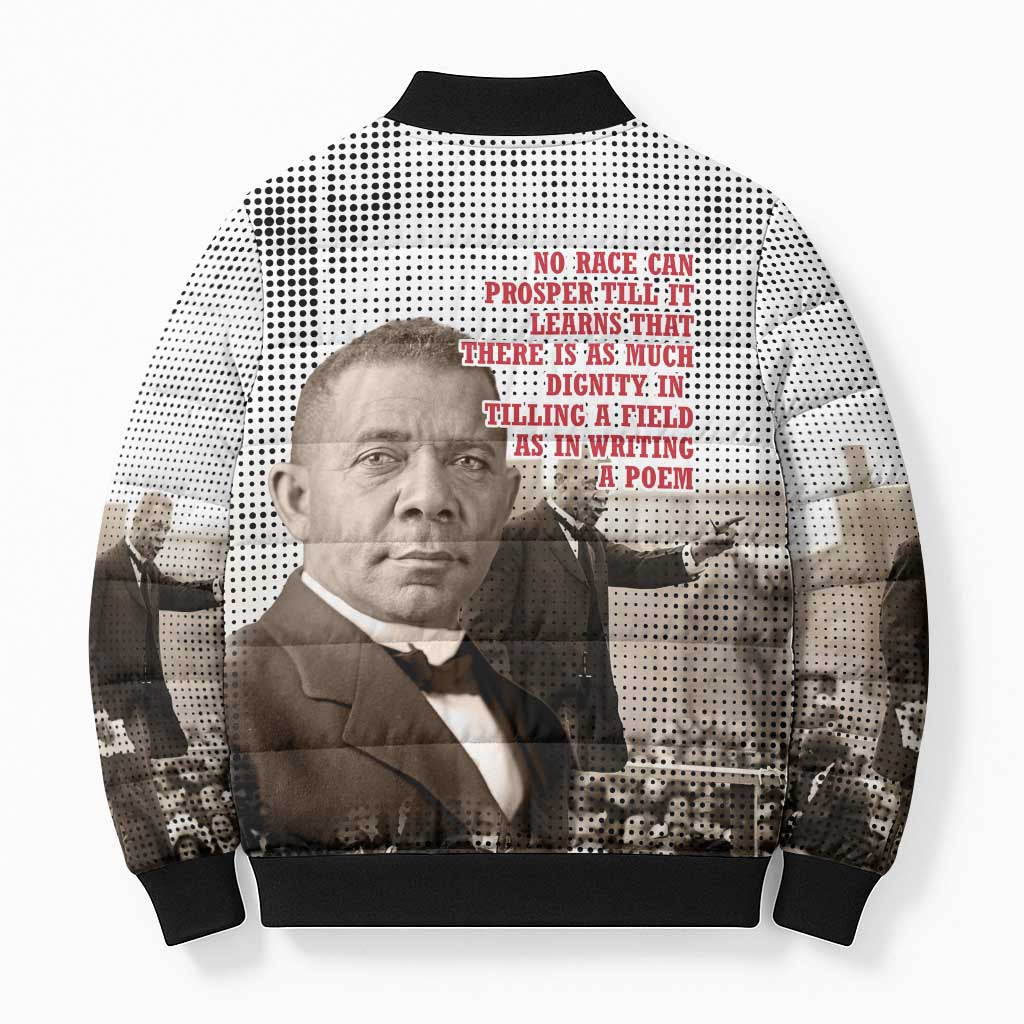 Booker T. Washington Bomber Puffer Jacket Halftone Portrait Design Tilling a Field Quote Historical Civil Rights Tribute - African Pride