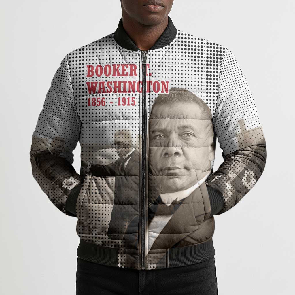Booker T. Washington Bomber Puffer Jacket Halftone Portrait Design Tilling a Field Quote Historical Civil Rights Tribute - African Pride