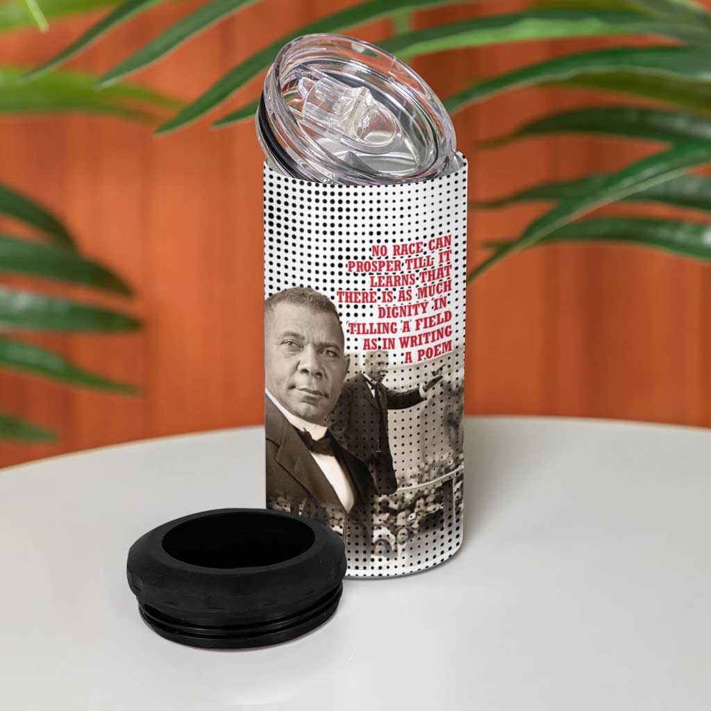 Booker T. Washington 4 in 1 Can Cooler Tumbler Halftone Portrait Design Tilling a Field Quote Historical Civil Rights Tribute - African Pride