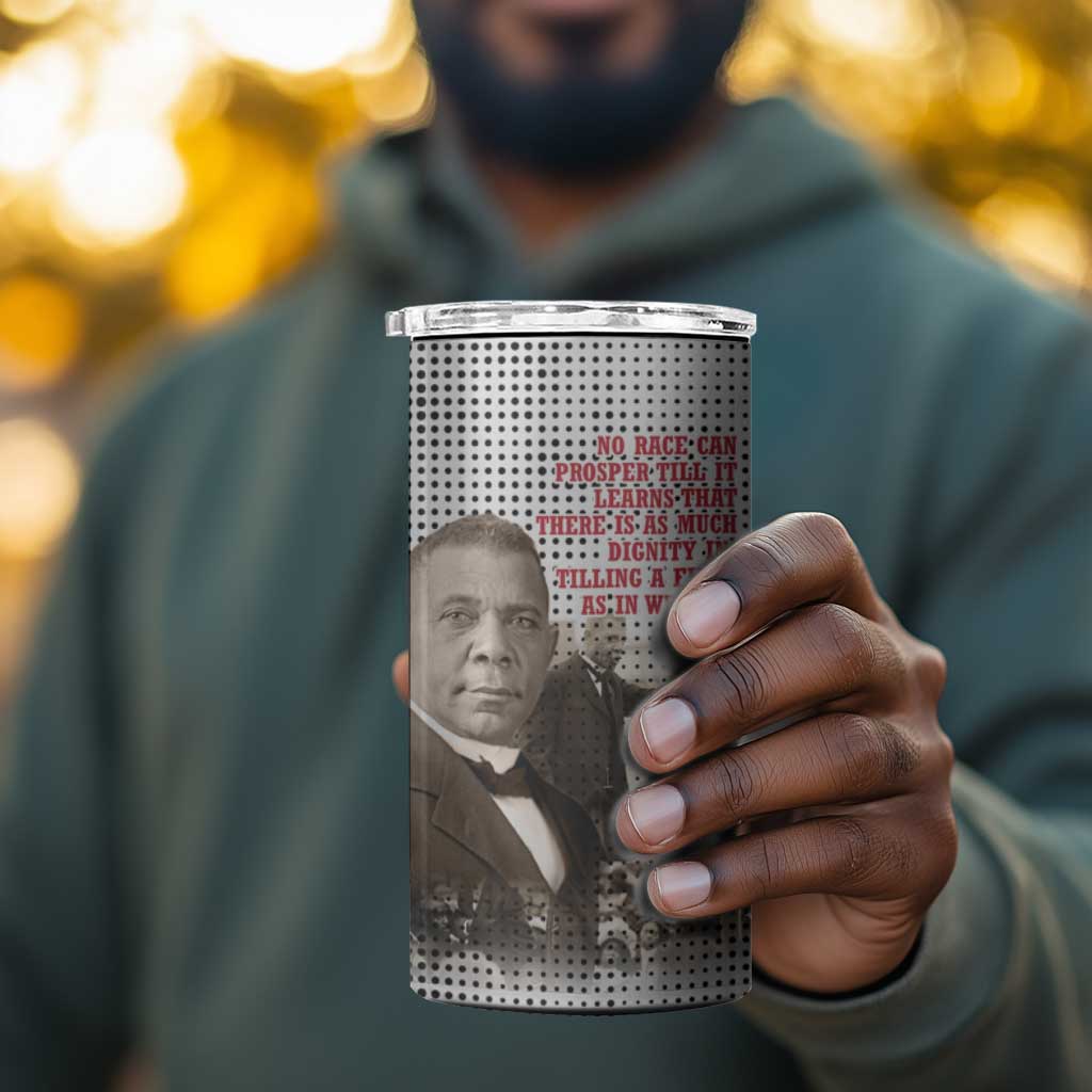 Booker T. Washington 4 in 1 Can Cooler Tumbler Halftone Portrait Design Tilling a Field Quote Historical Civil Rights Tribute - African Pride