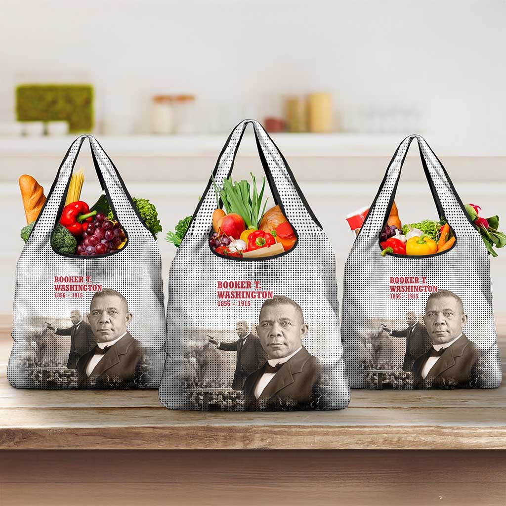 Booker T. Washington Grocery Bag Halftone Portrait Design Tilling a Field Quote Historical Civil Rights Tribute - African Pride