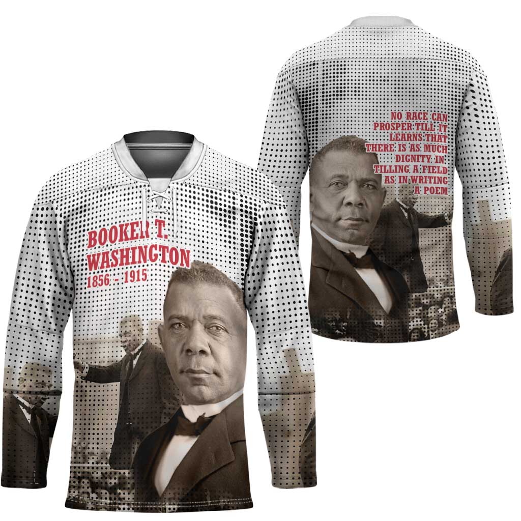 Booker T. Washington Hockey Jersey Halftone Portrait Design Tilling a Field Quote Historical Civil Rights Tribute - African Pride