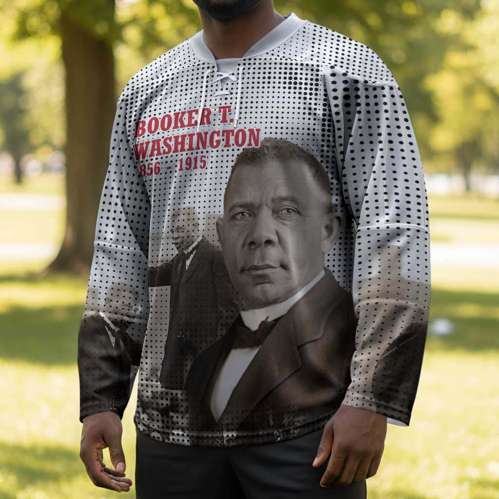 Booker T. Washington Hockey Jersey Halftone Portrait Design Tilling a Field Quote Historical Civil Rights Tribute - African Pride