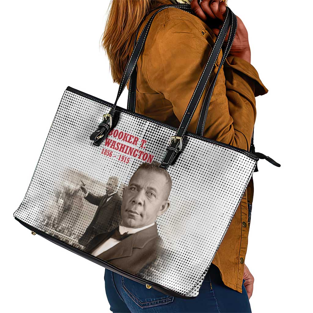 Booker T. Washington Leather Tote Bag Halftone Portrait Design Tilling a Field Quote Historical Civil Rights Tribute - African Pride