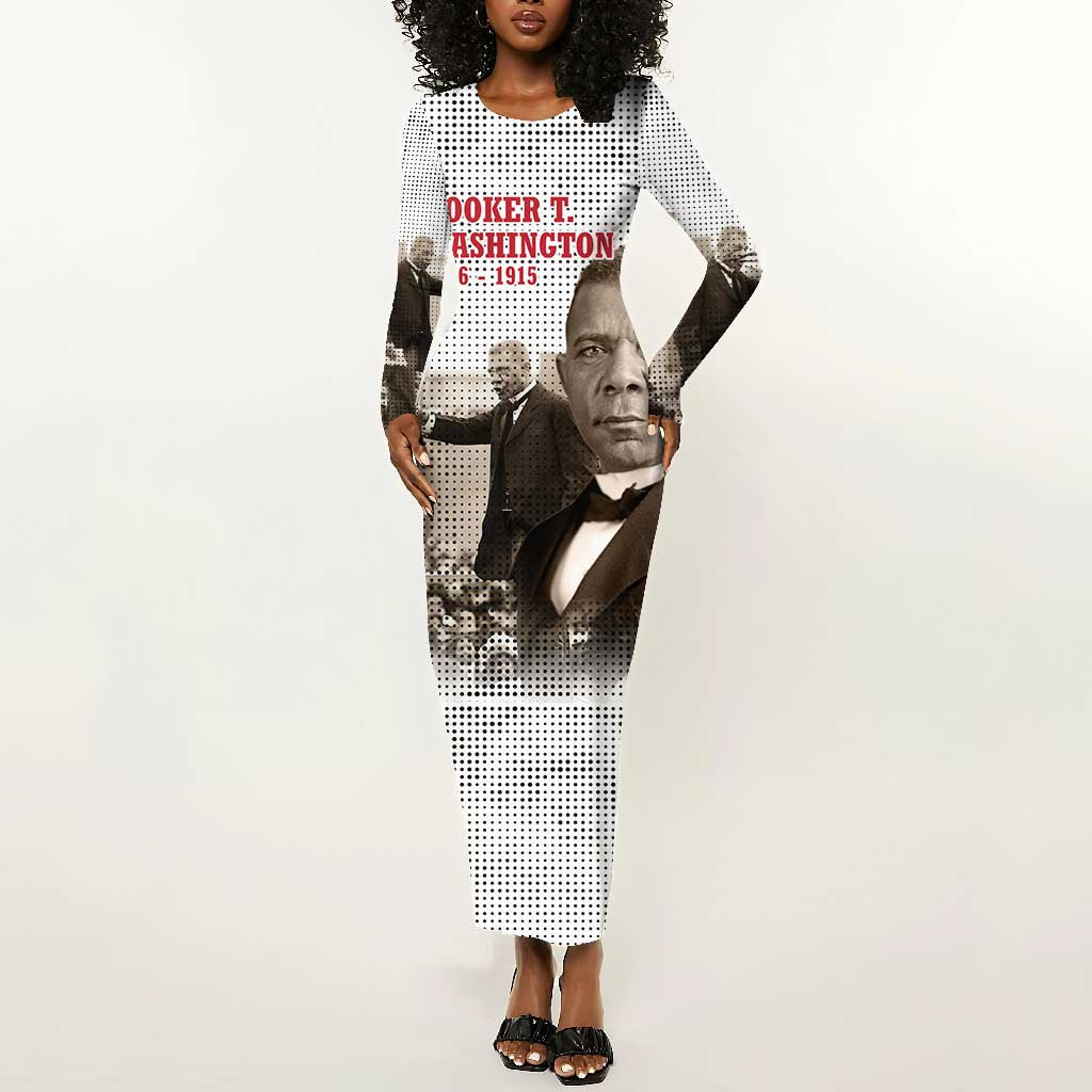 Booker T. Washington Long Sleeve Bodycon Dress Halftone Portrait Design Tilling a Field Quote Historical Civil Rights Tribute - African Pride