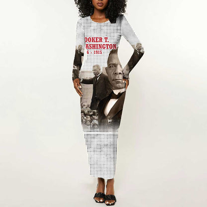 Booker T. Washington Long Sleeve Bodycon Dress Halftone Portrait Design Tilling a Field Quote Historical Civil Rights Tribute - African Pride